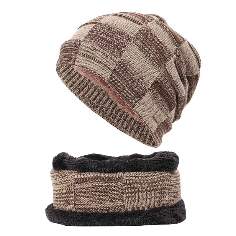 2- stykker vinter beanie hat tørklæde sæt varm strik hat vinter tyk fleece foret kranium cap tørklæde til mænd kvinder: K