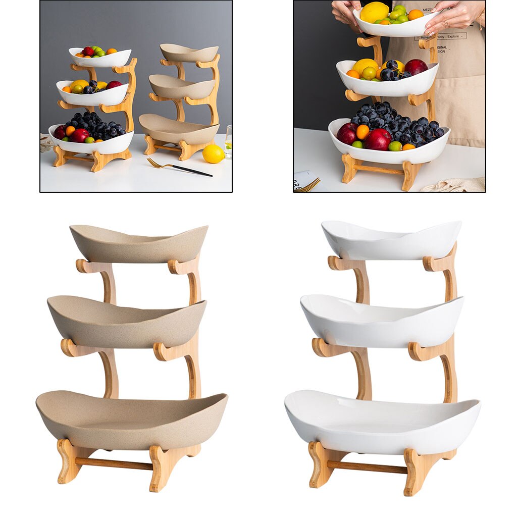 Panier à fruits en céramique moderne à 3 niveaux, porte-fruits en bois, bols de service de collation, cuisine