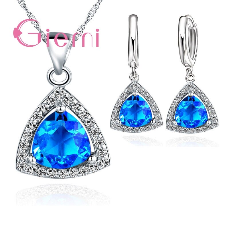 Pure 925 Sterling Silver Jewelry Sets Shiny Triangle Cubic Zirconia Necklace Earrings Bridal Women Wedding Jewellery: Blue