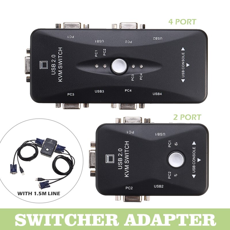 Pohiks 1pc 2/4 Ports USB 2.0 KVM Switch Box Portable Mouse Keyboard 1920x1440 Switches Adapter With 1.5m KVM Cables