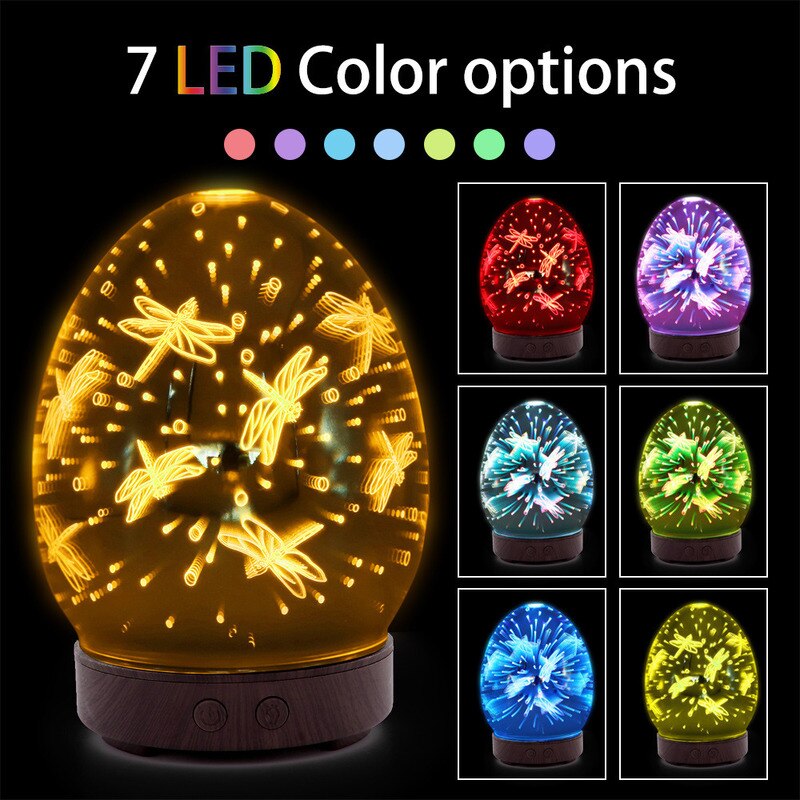 3d glazen etherische olie aromatherapie diffuser voor thuis, ultrasone luchtbevochtiger, olie aroma diffuser met led-licht voor thuiskantoor