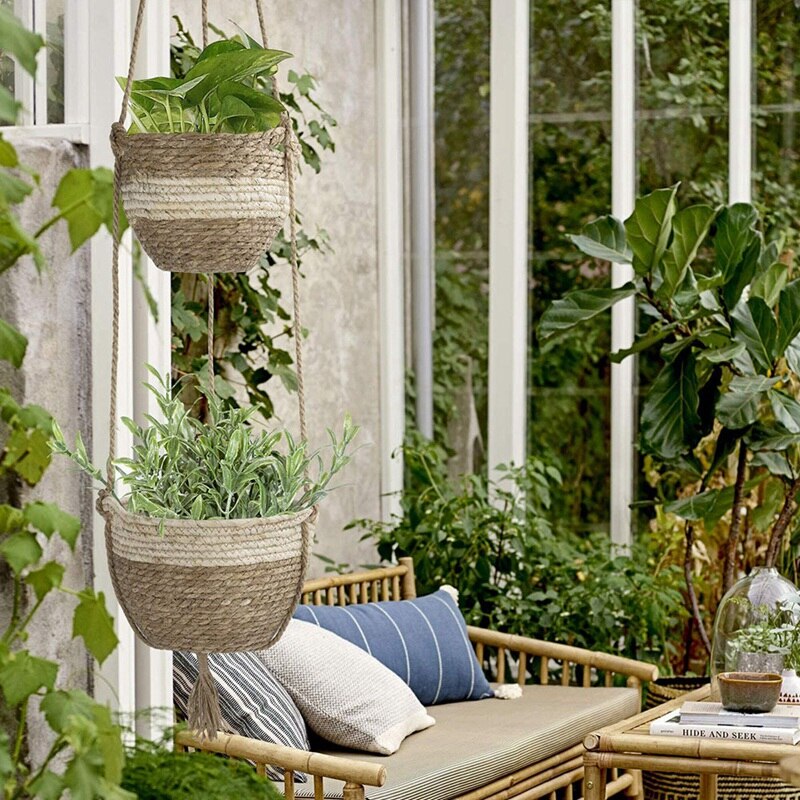 Hängande planteringskorg inomhus utomhus, hängande blomkruka, naturliga sjögräs blomkrukor, beige