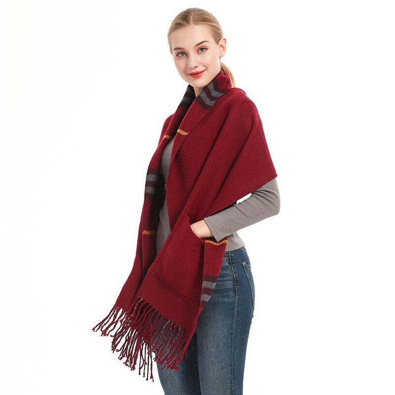 Chal grueso para mujer, bufanda larga de Cachemira de cuadros cálida roja con bolsillo, Otoño Invierno