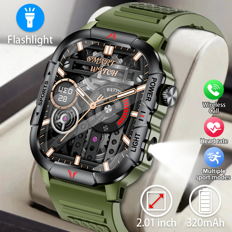LIGE inteligentny zegarek latarka doprowadziło męskie zegarki wodoodporne 2.01-calowy ekran HD bransoletka zdrowotna wojskowy Smartwatch sportowy na świeżym powietrzu mężczyzna