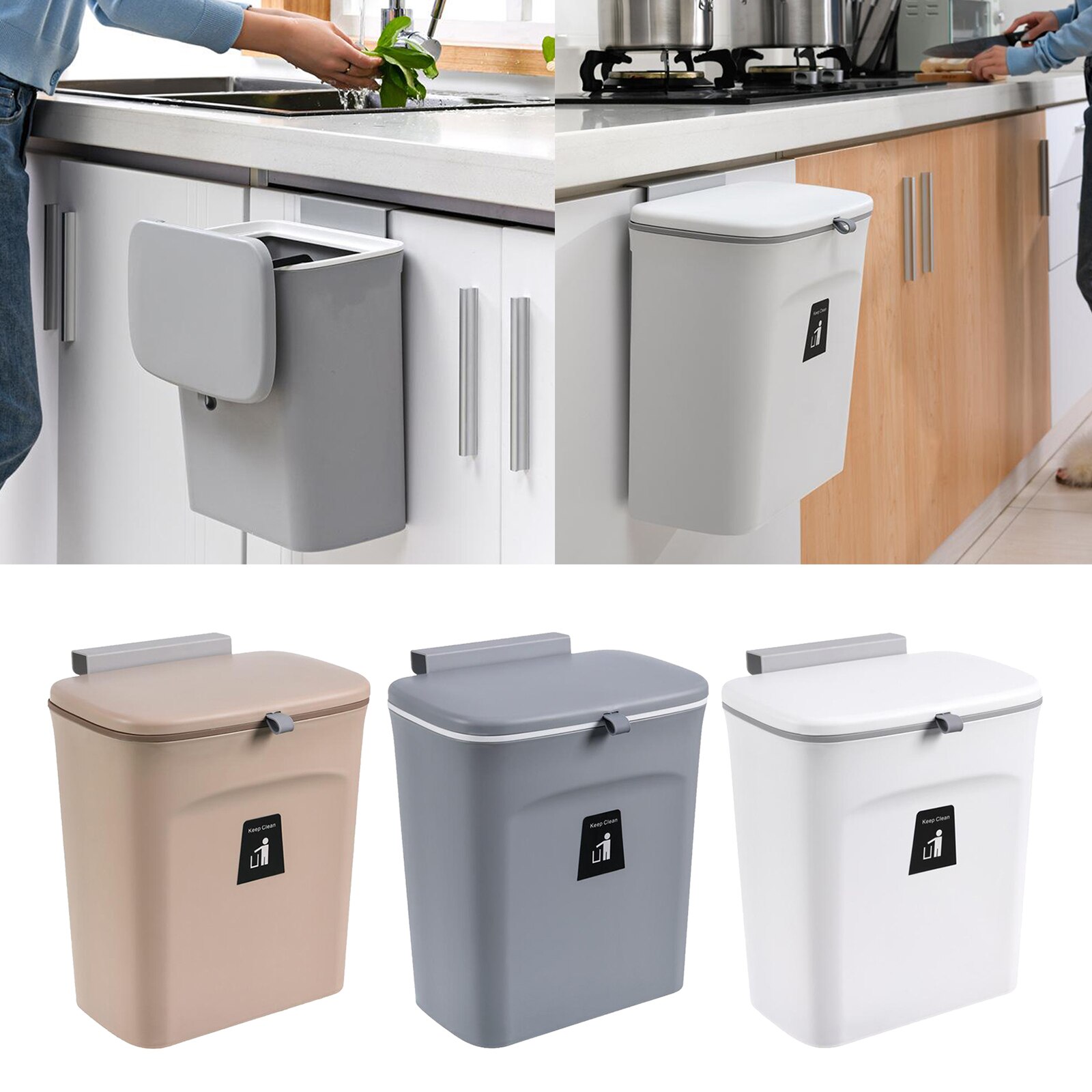 9L Trash Can ing Waste Bin under Kitchen Sink Plastic Wastebasket Over Cabinet Door Garbage Can with Sliding Lids