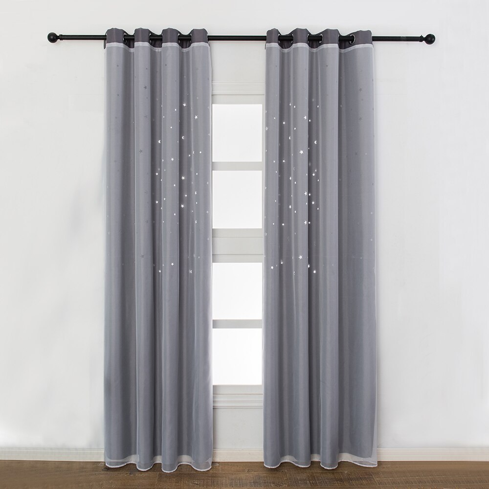 Shiny Stars Blackout Curtains for Living Room Hollow Double Layer Cloth Yarn Darkening Curtains for Bedroom Party Home Decor: Light Grey / 1pcs