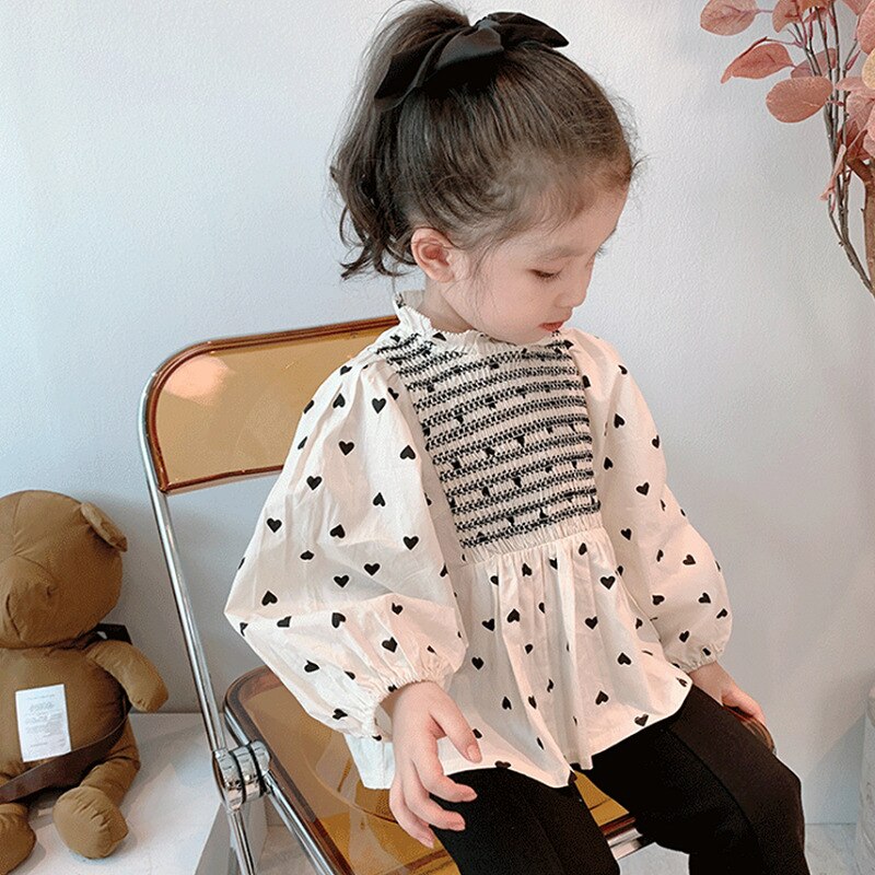 Chemisiers en coton pour filles, manches longues, cœur, printemps 2022