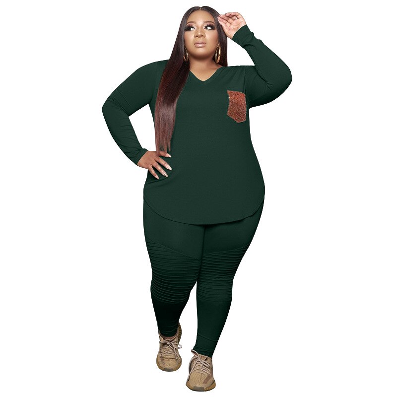 Grande Taille Femmes Vêtements Deux Pièces Ensemble 4xl 5XL 2 pièces Pantalons Et Haut Ensemble décontracté Grande Taille Zestawy Deux Pièces Grande Taille Conjuntos: dark green / 4XL
