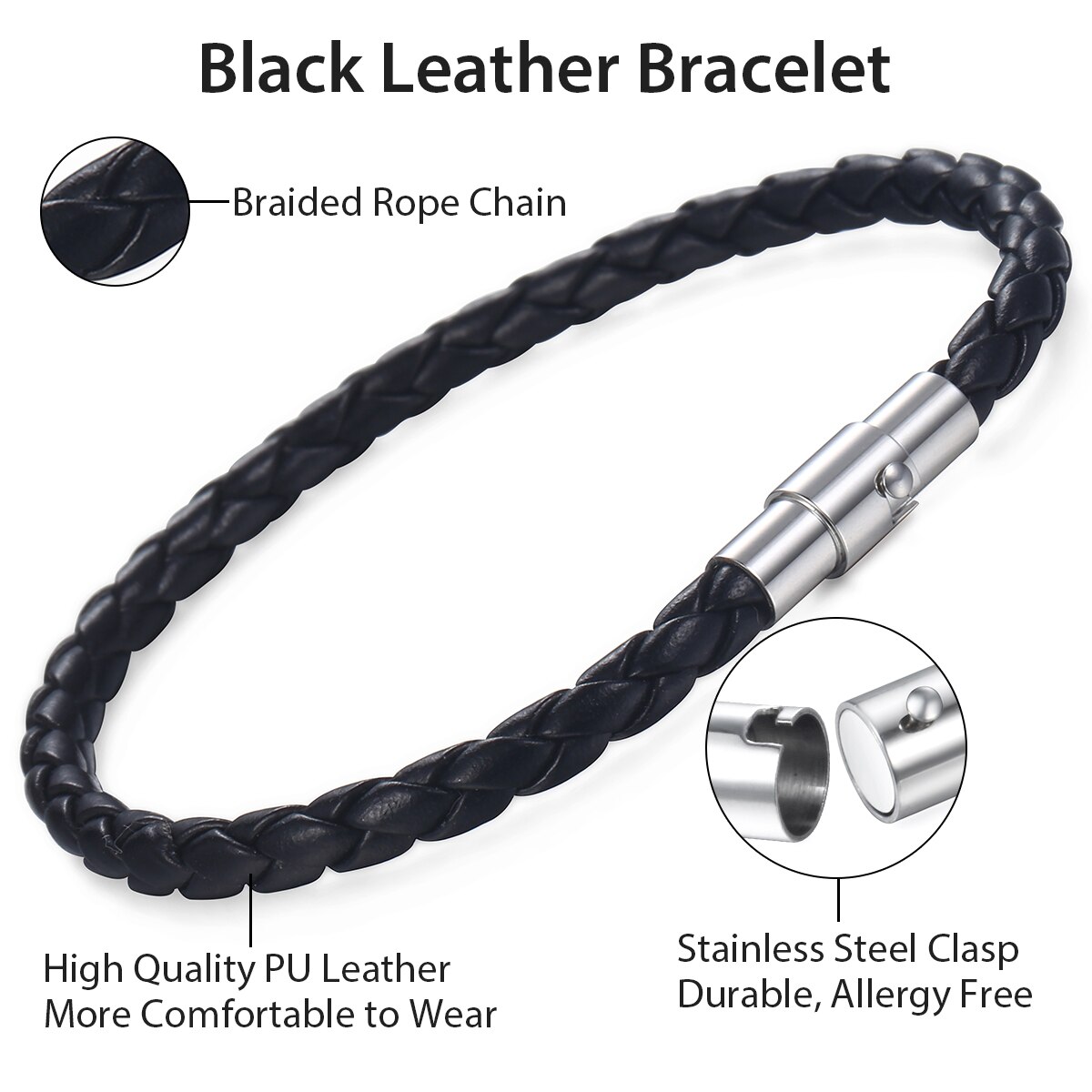 Davieslee 4/6/8mm Leather Bracelet For Men Black Braided Rope Stainless Steel Clasp 20/23/25cm Men's Bracelet DLBM118: 4mm Black LB720 / 8inch 20cm