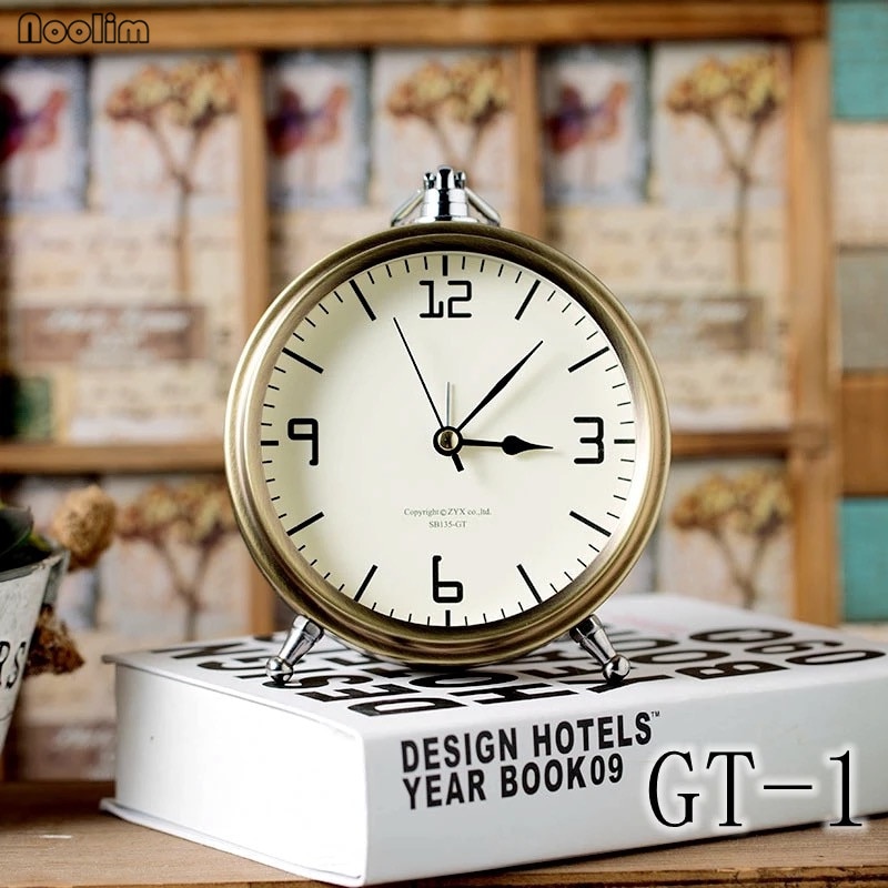 NOOLIM Bronze Metal European Alarm Clock Desktop Decoration Mute Table Clock Roman Word Desktop Retro Small Clock