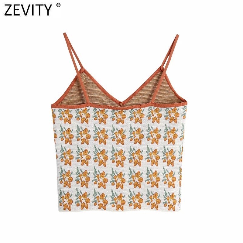 Zevity Vrouwen V-hals Flower Print Afslanken Gebreide Sling Trui Femme Spaghetti Bandje Korte Vest Chic Crop Tops s515