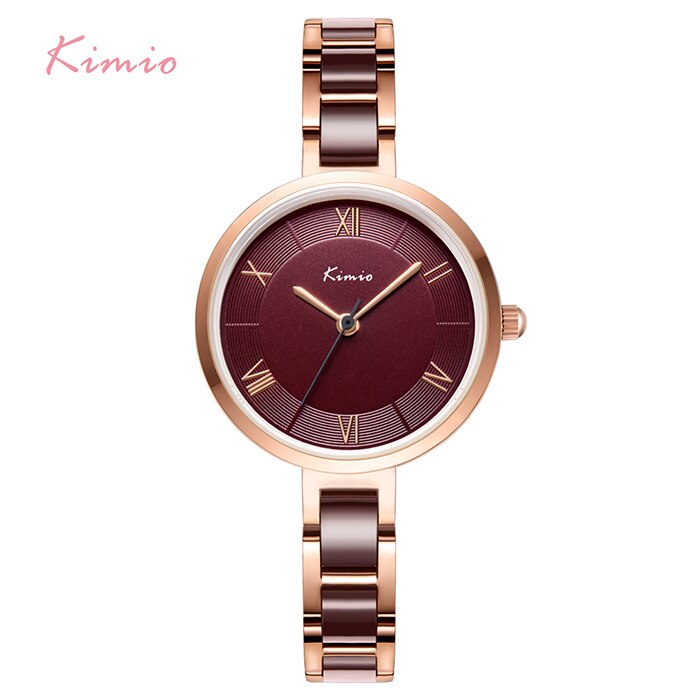 KIMIO Frauen Weiß Nachahmung Keramik Armbinde Uhren Einfache Große Zifferblatt Damen Quarzuhr Römischen Skala Armbanduhr: Wein rot Uhr