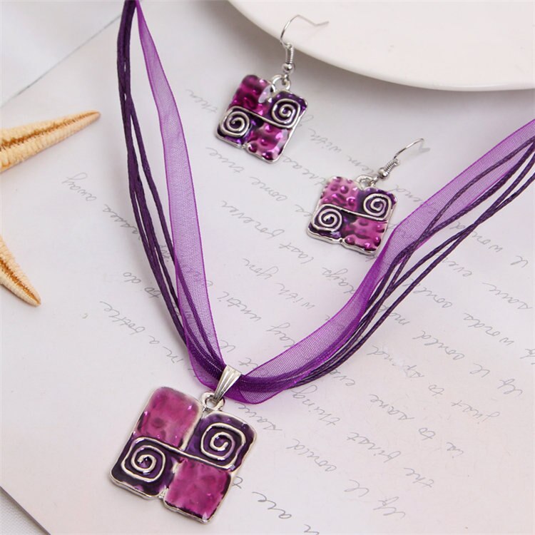 Jewelry Sets vintage leather rope Ribbon chain Purple Natural Stone Square Geometry Enamel Pendant Necklace Earrings Set: Light Yellow Gold Color