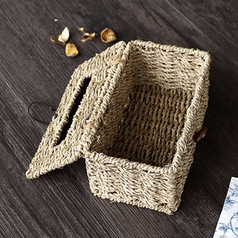 Handmade Woven Natural Rustic Brown Seagr Tissue Box, Rectangular Storage Box Sundries Storage Box