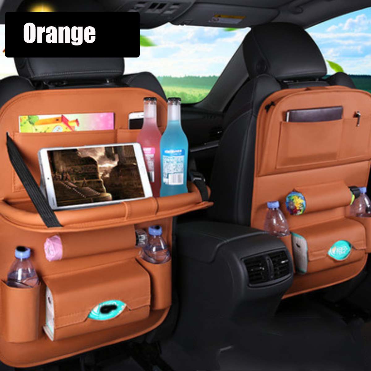 Soporte plegable para taza de coche, organizador Interior multifunción para coche, soporte para asiento de vehículo, soporte para botella de teléfono, soporte para bebidas, cajas de comida, bandeja: Naranja