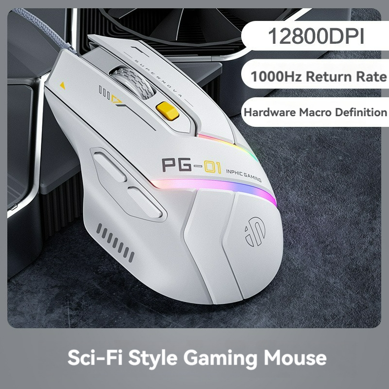 Inphic Pg1 Wired Mouse Gaming Mouse RGB Light Emitting Macro Programming 12800DPI 6 Keys Computer Mouse 1000hz Polling Rate: Default Title
