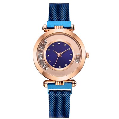 Luxe dameshorloges dameshorloge met vloeiende strass-steentjes, magnetisch dameshorloge met kwarts, relogio feminino, reloj mujer klok: Blauw