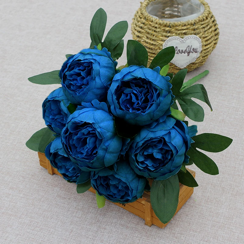 7 Heads Artificial Peony Bouquets Wedding Flowers Arrangement,Blue Red White Silk Peonies Flower Home Office Table Decoration: Blue