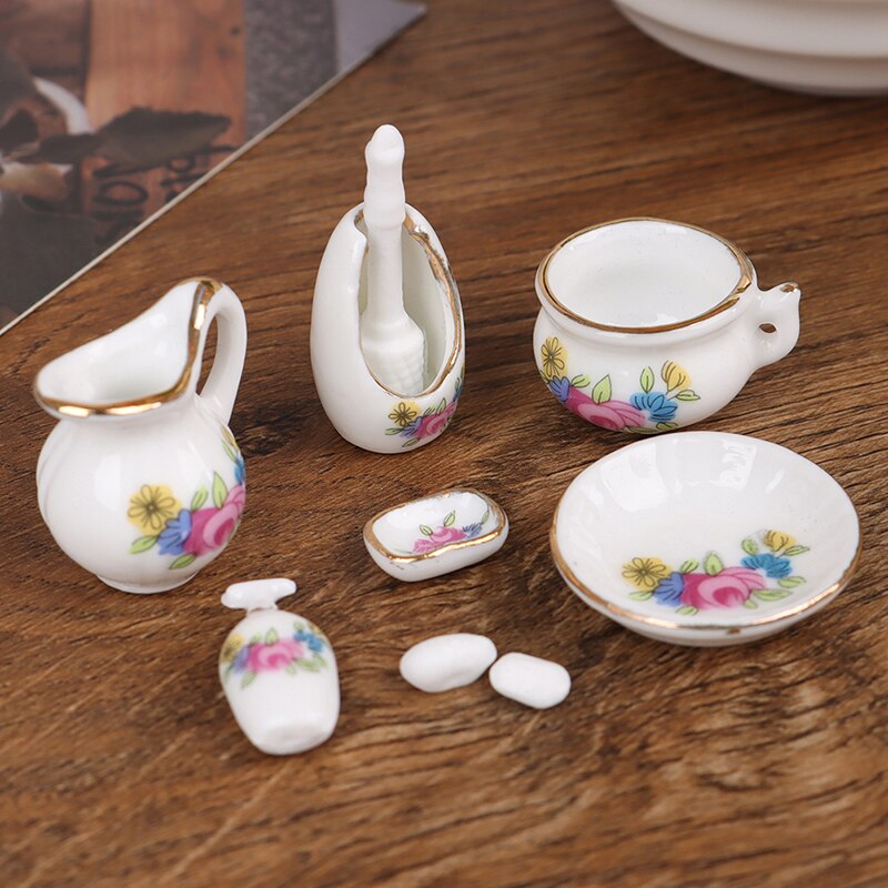 7Pcs/lot Dollhouse Miniature Dining Ware Porcelain Tea Set Dish Cup Plate -White Purple Flower Pattern