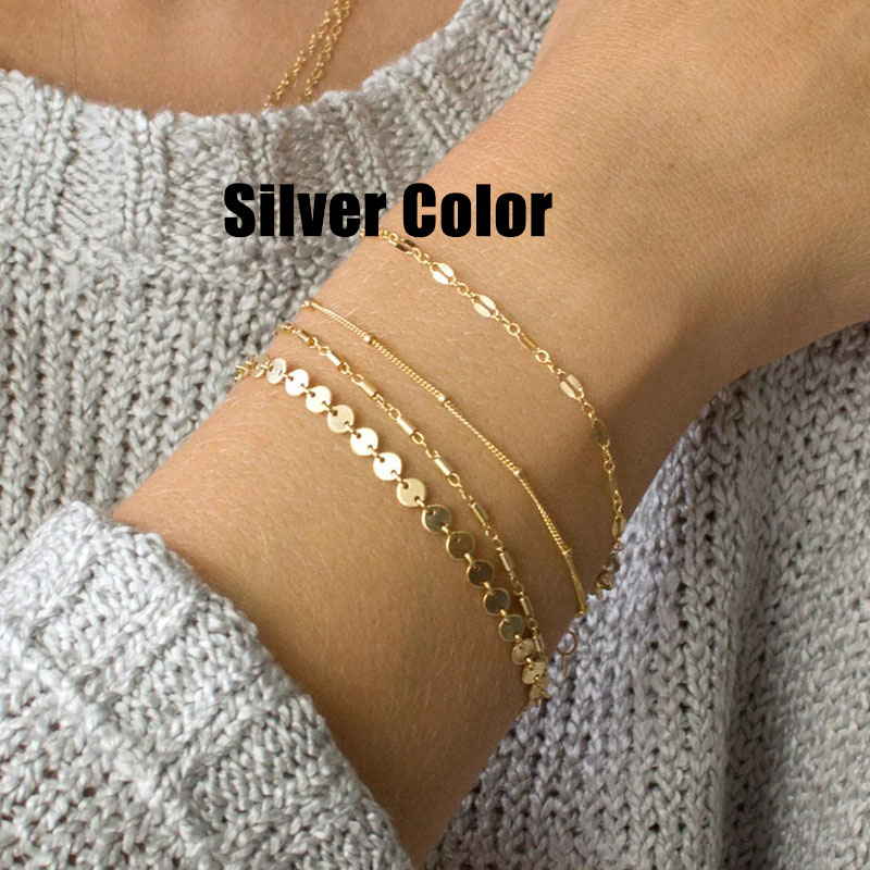 LISMLISM Simple Women's Bracelets Set Tassel Bracelet Small Lovers Yellow Gold Color Trendy Jewelry Classic Alloy Bransoletka: Silver Color