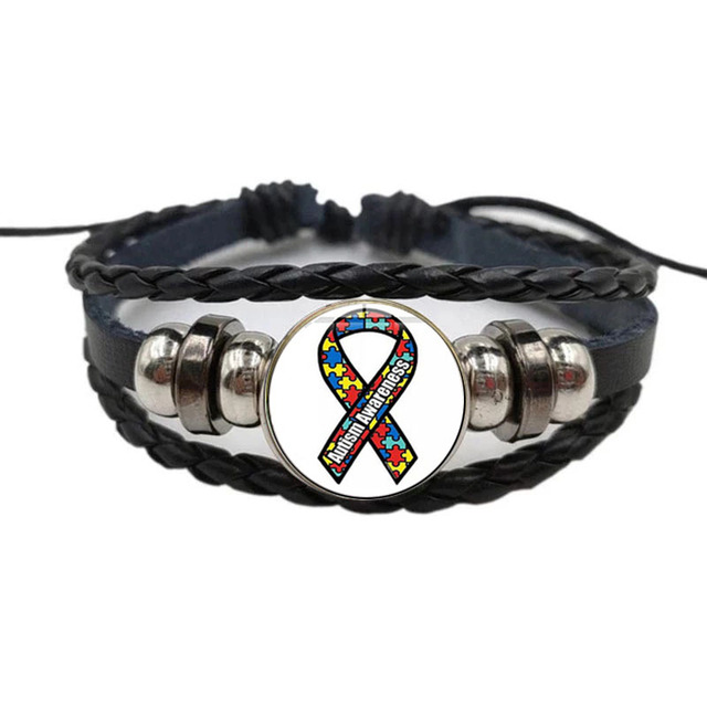 Puzzle Autism Awareness Bracelet Puzzle Ribbon Glass Picture Woven Leather Survival Bracelet Love Hopeful Jewellery: 11