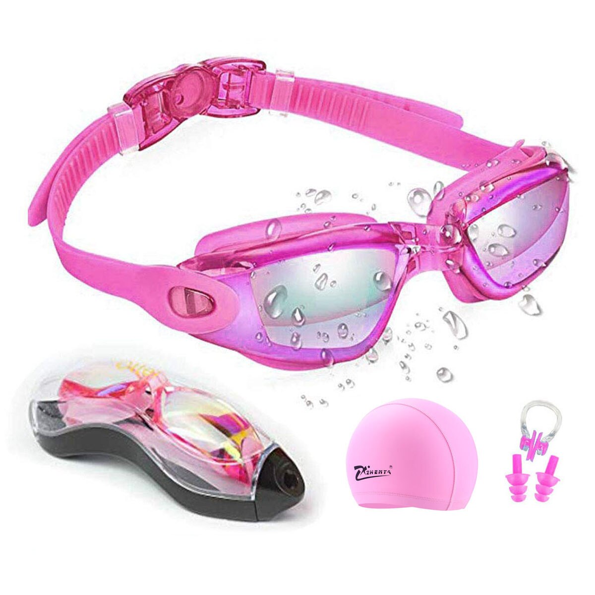 Svømmebriller anti-tåge uv svømmehætter silikone svømmebriller etui næse øreprop til børn mænd kvinder dykke briller: Lyserød sæt