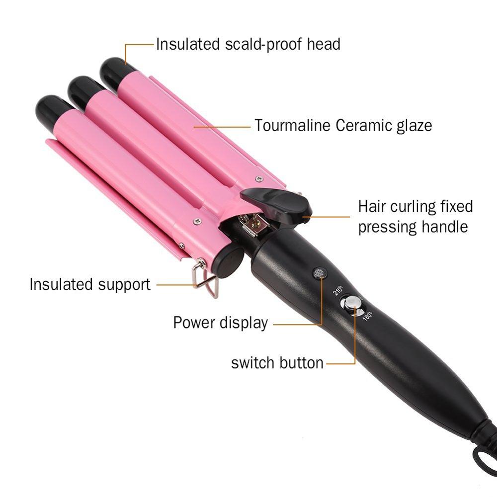 3 Barrels Big Wave Hair Curling Automatic Perm Splint Nano-Titanium Ceramic Iron Hair Waver Curlers Styling Pink Salon Tools