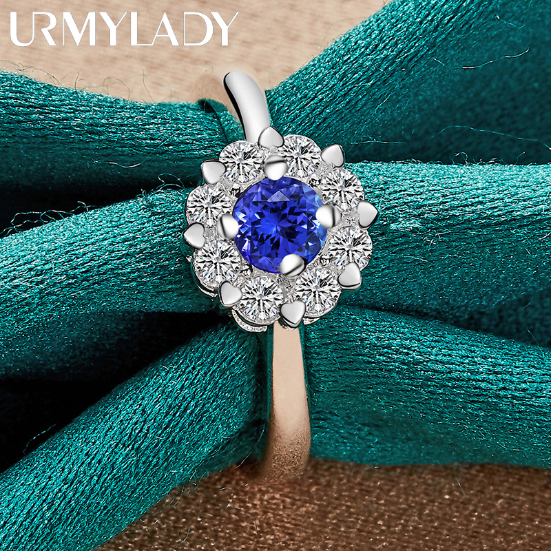 URMYLADY Fiore in argento sterling 925 con zirconi blu 7-10 # Anello per gioielli di moda per feste di fidanzamento e matrimonio da donna