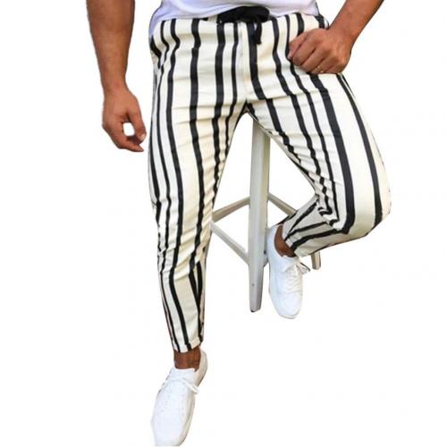 Pantalon Chic homme rayures verticales imprimé cordon pantalon crayon moulant pantalon de sport: L / WHITE