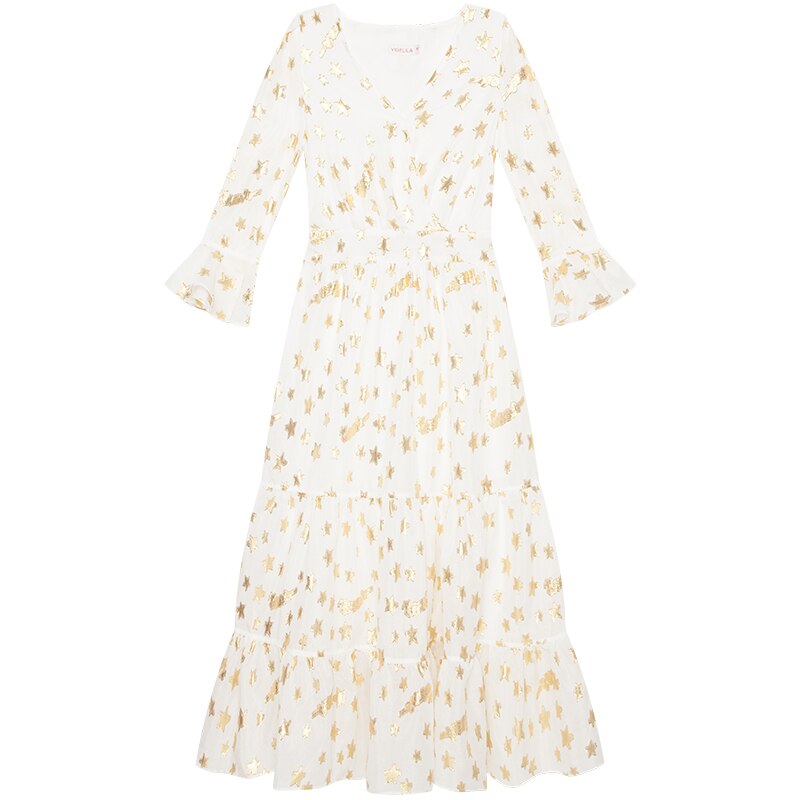 YIGELILA Latest Women White Embroidery Dress V-neck Flare Sleeve Empire Slim Mid Length A-line Dress 63055