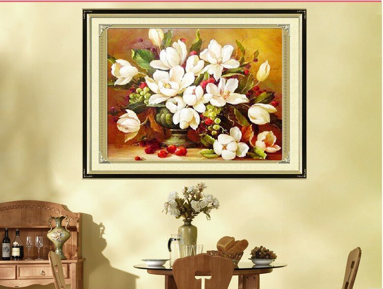 Borduren Naaien Naalden Gedrukt Borduurpakket Gardenia Olieverf Vaas Serie Kamer Deco Carft Beauty Wit Bloemen