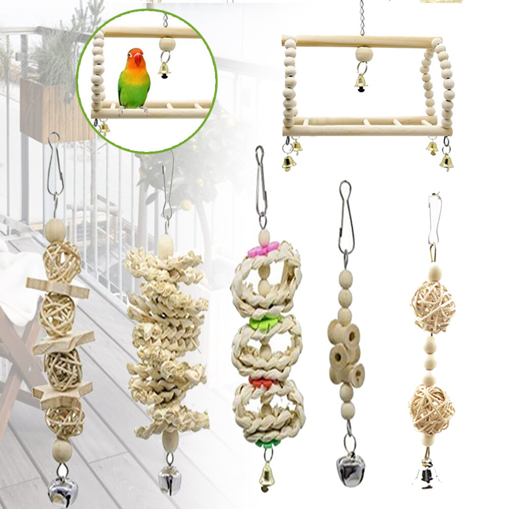 8pcs Wooden Swing Chewing Parrot Budgie Cage Hanging Training Home Funny Accessories Bird Toy Set Cockatiels Primary Color