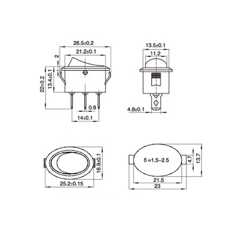 Interruptor basculante de botón ovalado KCD7, 5 uds., 26x14mm, 6A, 250V, 10A, 125V, interruptor de encendido y apagado IO, 2 pines, 3 pines, luz LED