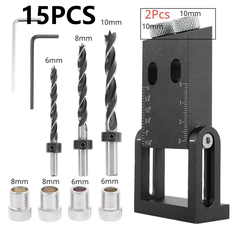 Pocket Hole Jig Kit 15-Degree Angle Drill Guide Woodworking Drill Angle Guide Hole Puncher Locator Jig Oblique Hole Holder Kit: 15PCS