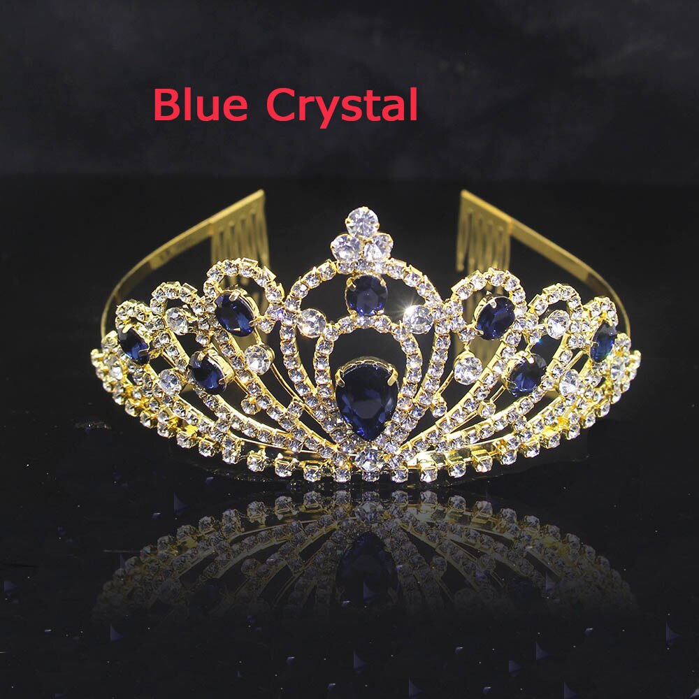 AINAMEISI 5 colors Crystal Tiaras Hair Accessories Gold Crowns Girls Headpiece Wedding Bridal Crown Hair Jewelry: gold Blue