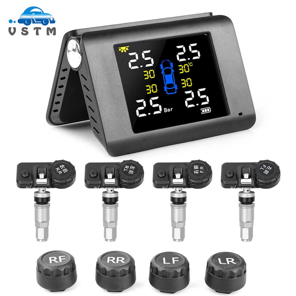 TPMS Solar Power Tyre Pressure Monitoring System with 4 Sensors LCD Real-time Display Car Tire Pressure Auto Alarm System