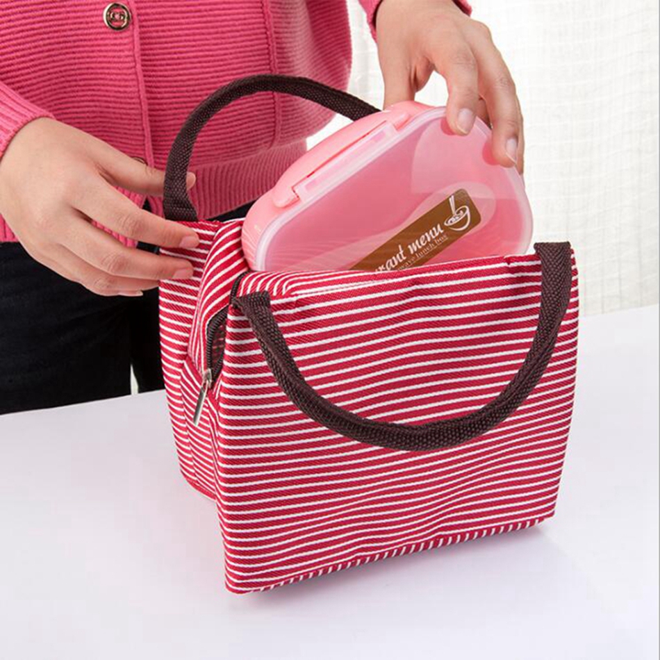 Leisure Women Portable Lunch Bag Canvas Stripe Insulated Cooler Bags Thermal Food Picnic Lunch Bags Box Kids Ice Pack Tote