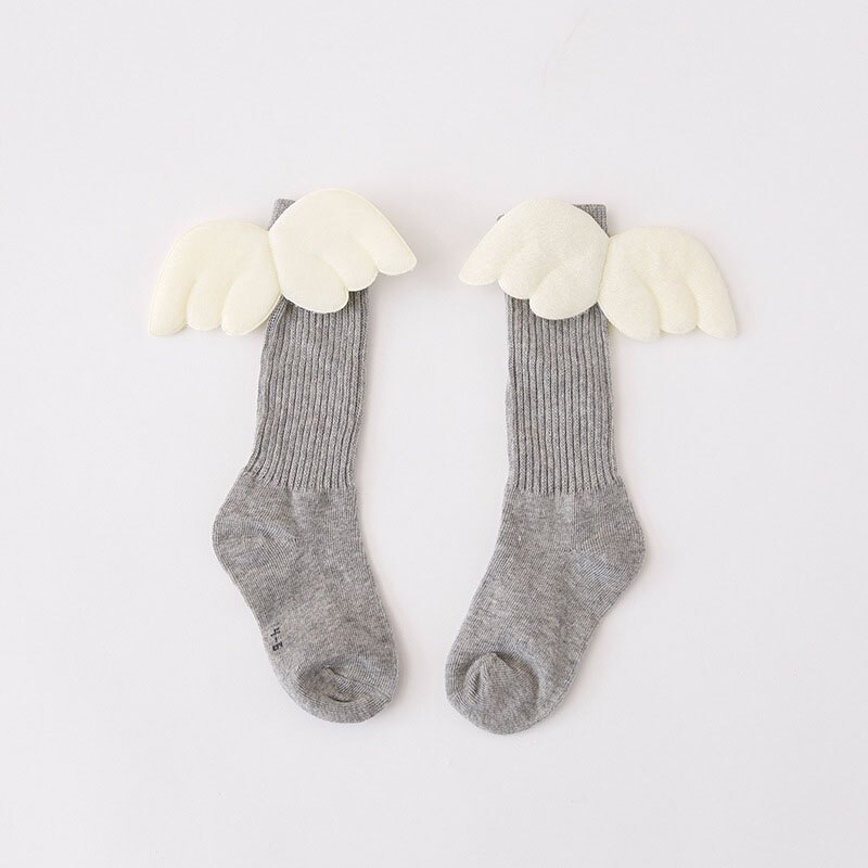 Mooie Engel Vleugel Katoenen Baby Sokken Herfst Winter Baby Meisje Kniehoge Sokken Effen Kleur Peuter Kids Anti Slip Lange sokken: light gray