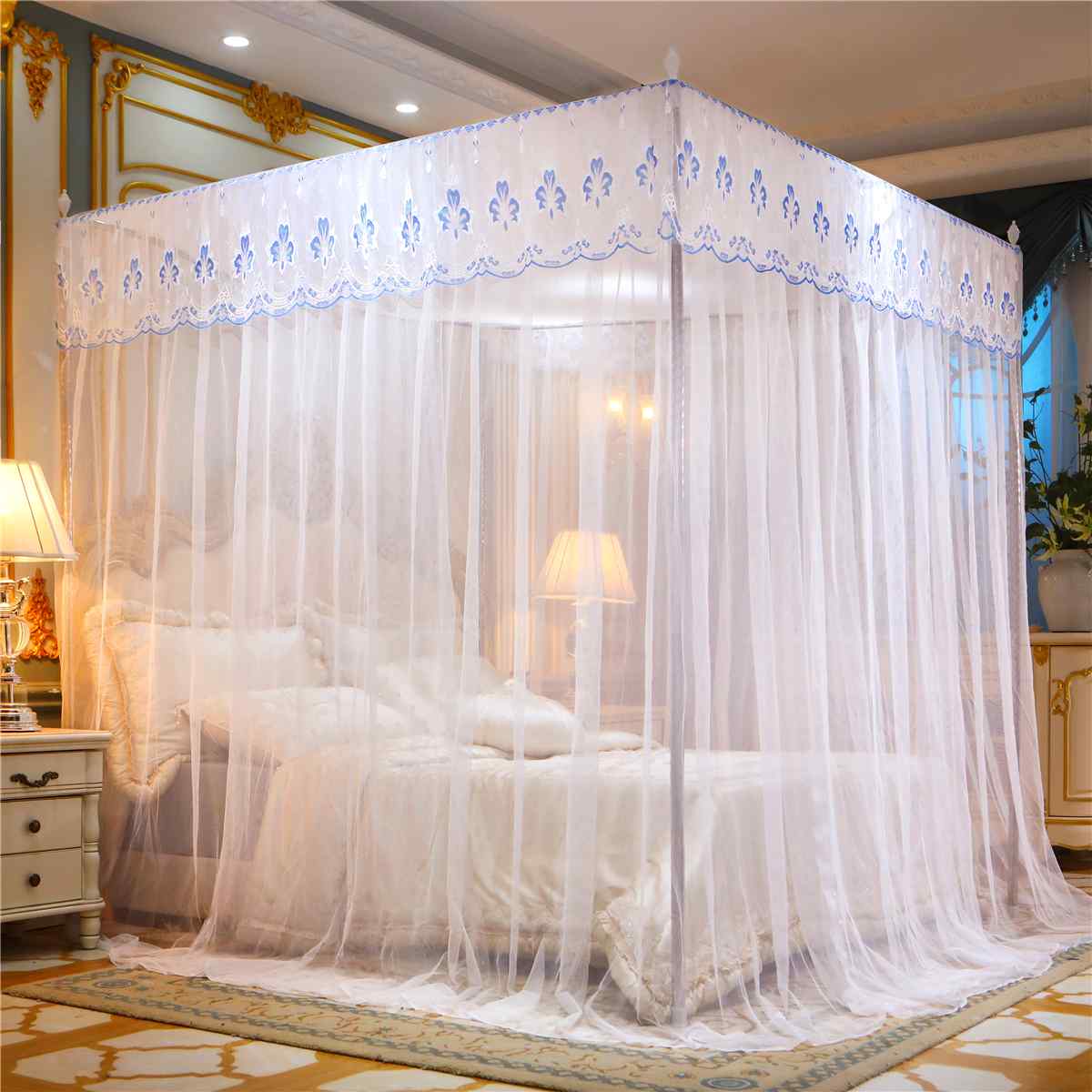Four Corner Mosquito Netting Canopy Mosquito Net For Double Bed Mosquito Repellent Tent Insect Reject Canopy Bed Curtain: White