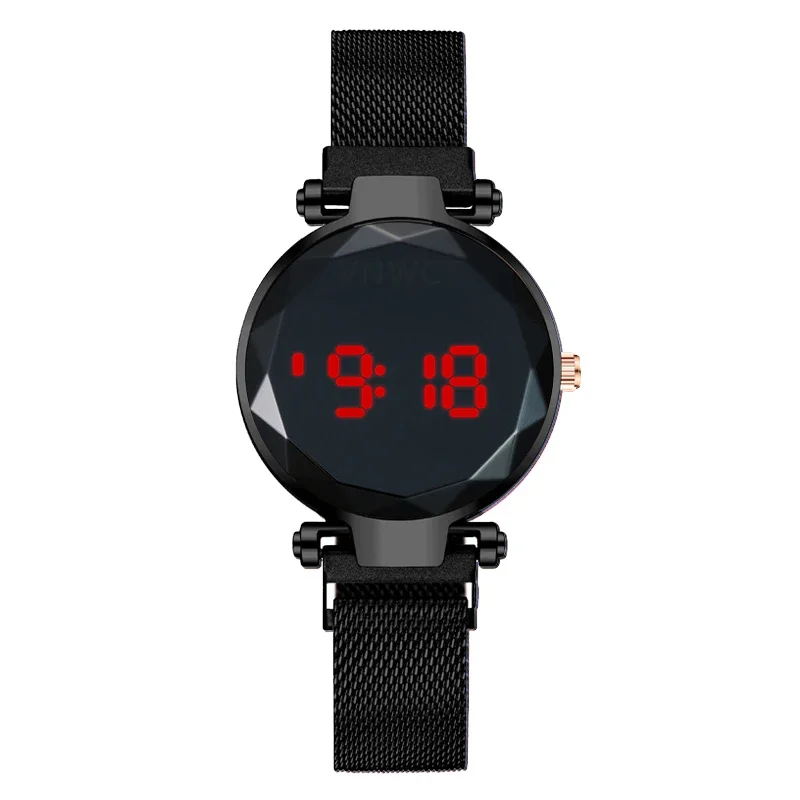 Reloj LED de lujo para mujer, pulsera magnética, collar, pendientes, anillo, reloj de vestir Digital de oro rosa, reloj de pulsera de cuarzo para mujer: Negro