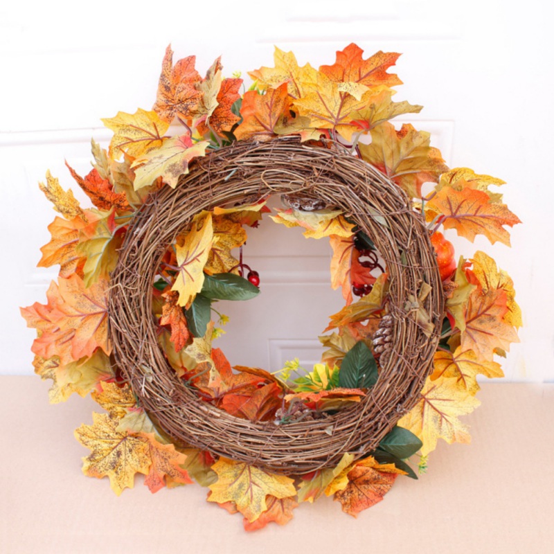 Artificial Wreath Garland Rattan Frame With Pumpkin Berries Pine Cone And Maple Leaves Halloween Thanksgiving Autumn D