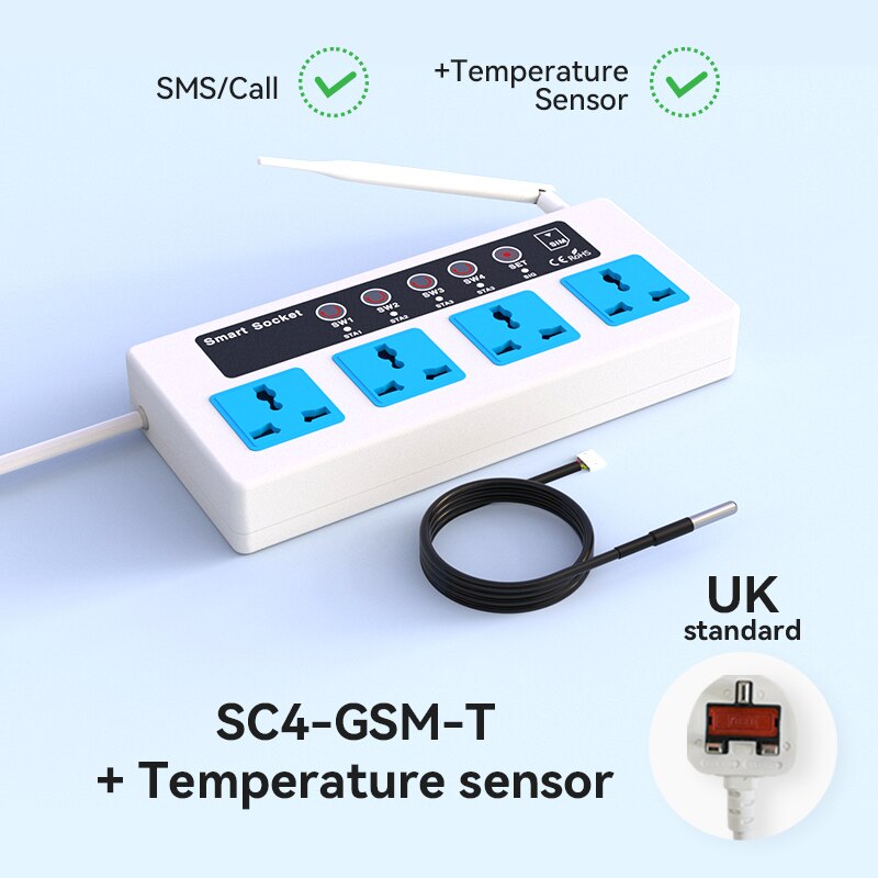 Gsm sms draadloze afstandsbediening slimme schakelaar stekkerdoos jack controller 4 -kanaals relais met temperatuursensor: Vk met sensor