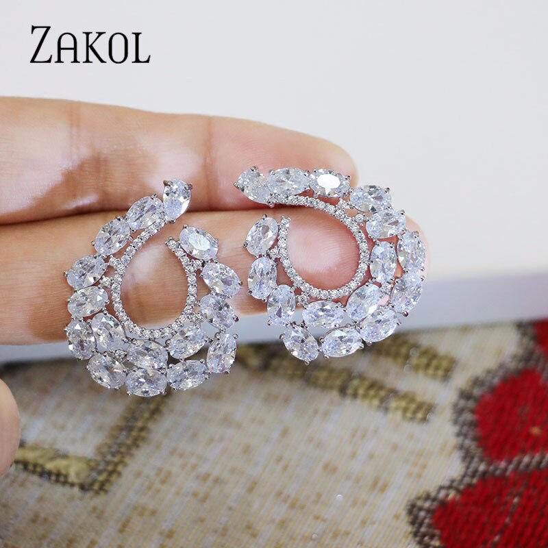 Zakol Brand Clear Cz Zirkoon Cc Vorm Stud Oorbellen Voor Vrouwen Crystal Wedding Party Sieraden FSEP069