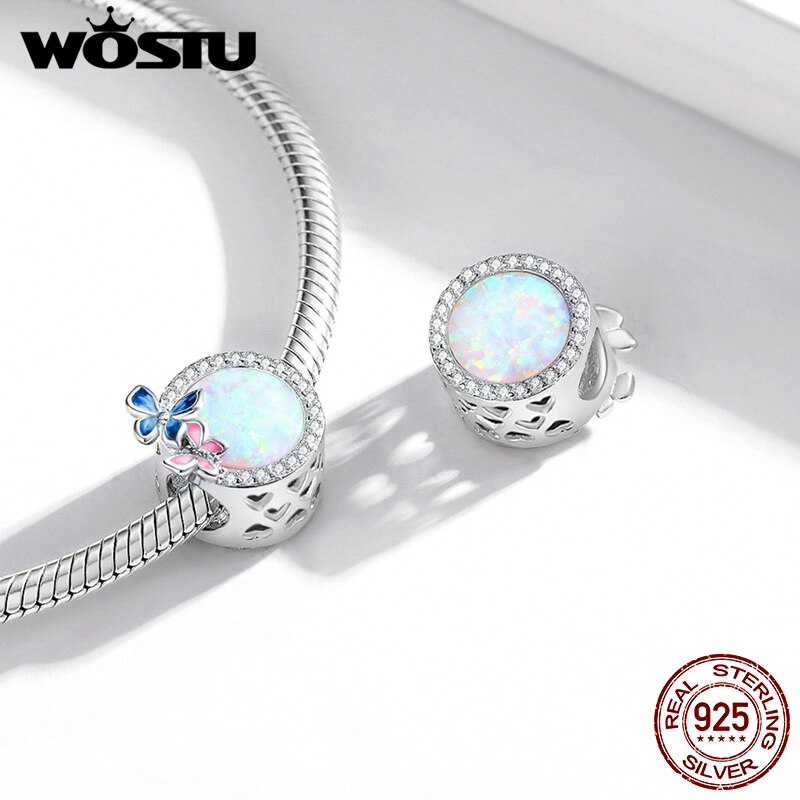 WOSTU Round Glass Opal Beads 925 Sterling Silver Rainbow Purple Blue Charms Fit Original Bracelet Necklace Jewelry Making