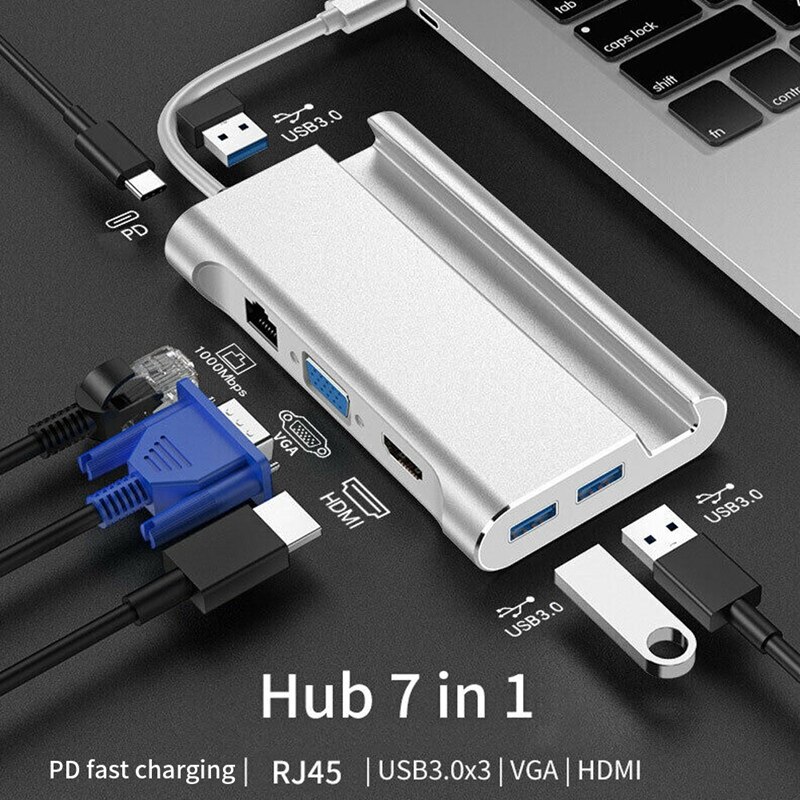 NEUE-7 in 1 Typ C Docking Bahnhof Hdmi USB 3,0 HDMI VGA RJ45 PD USB Hub Adapter für Laptop Profi Dock Hub