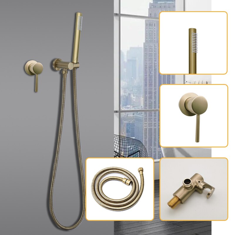 Brass Round Handheld Shower Head Brushed Gold Finish Shower Set Adjustable Wall Holder Handheld Water Saving Bath Shower Kit