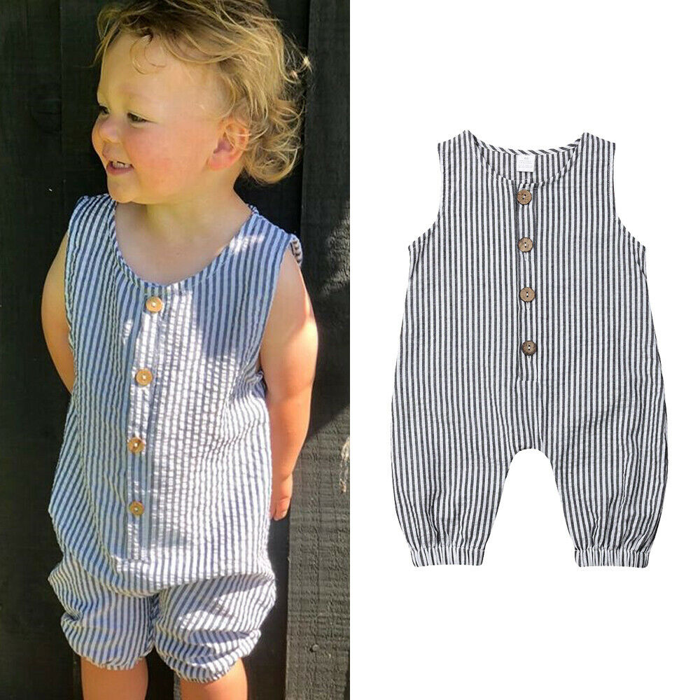 0-18 M Baby Baby Jongens Meisjes Zomer Mouwloze Gestreepte Romper Knop Front Katoen Linnen Jumpsuit