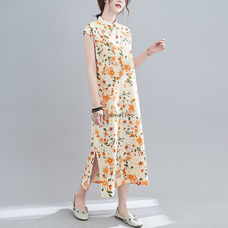 Vrouwen Dagelijks Qipao Linnen Cheongsam Bloem Print Moden Dagelijks Qipao Jurk Elegante Partij Dans Kostuum Cheongsam Jurk: color2 / M