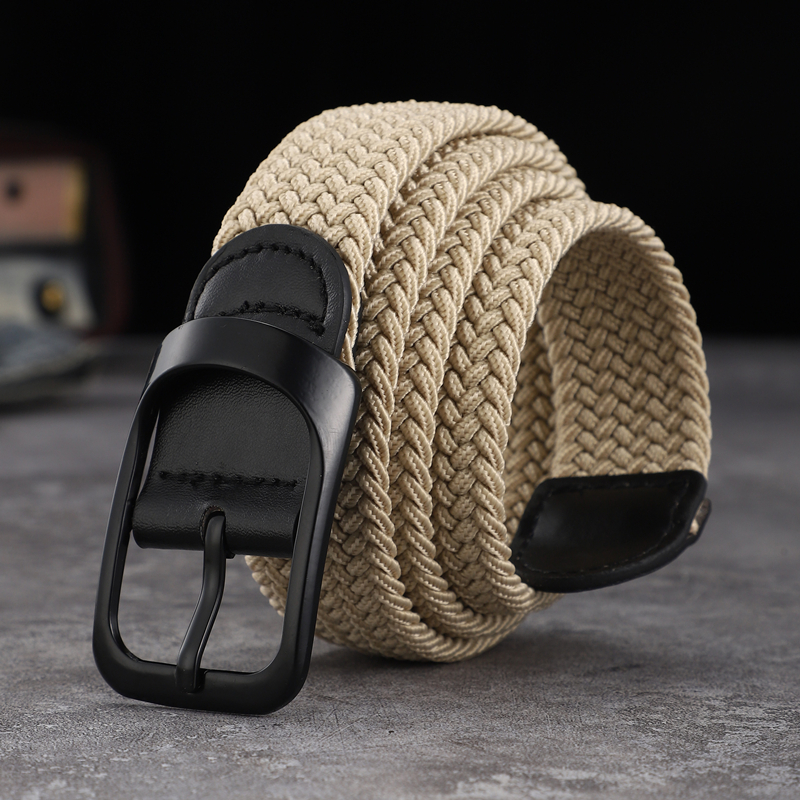 Canvas belt men and women without perforated square buckle belt Korean version of the trend of personality knitting single-loop: Beige / 120cm