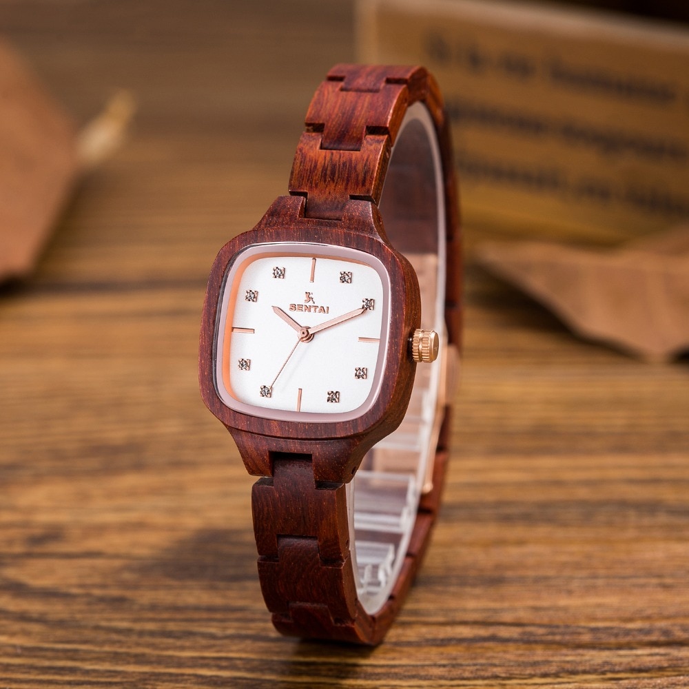 Luxe Houten Horloge Voor Vrouwen 100% Natuurlijke Rode Sandelhout Horloge Met Mode Vierkante Wijzerplaat Hout Horloge Analoog Quartz Horloges